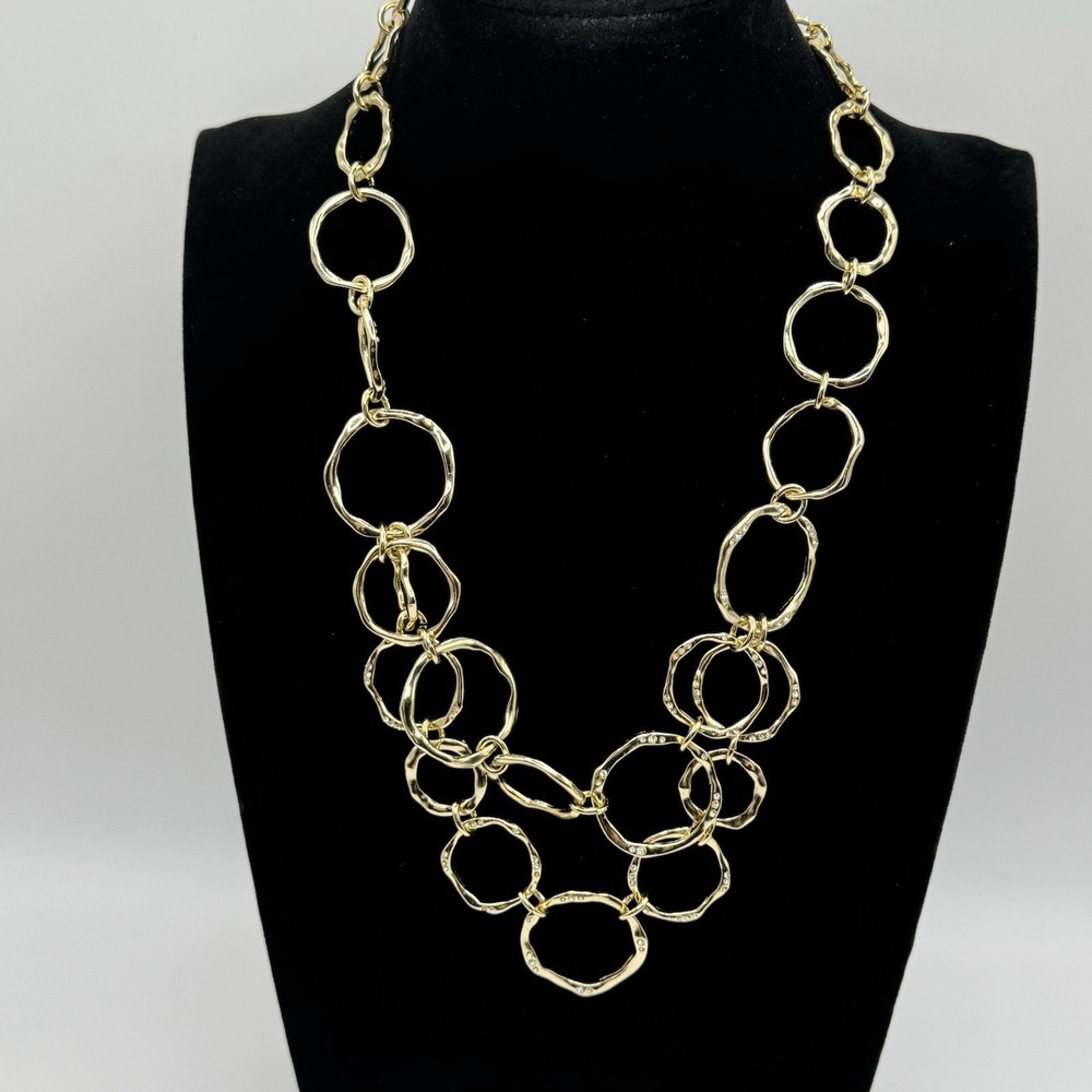 Jones New York Gold Tone Statement Necklace‎ Hammered Link Pavé Rhinestone 20"